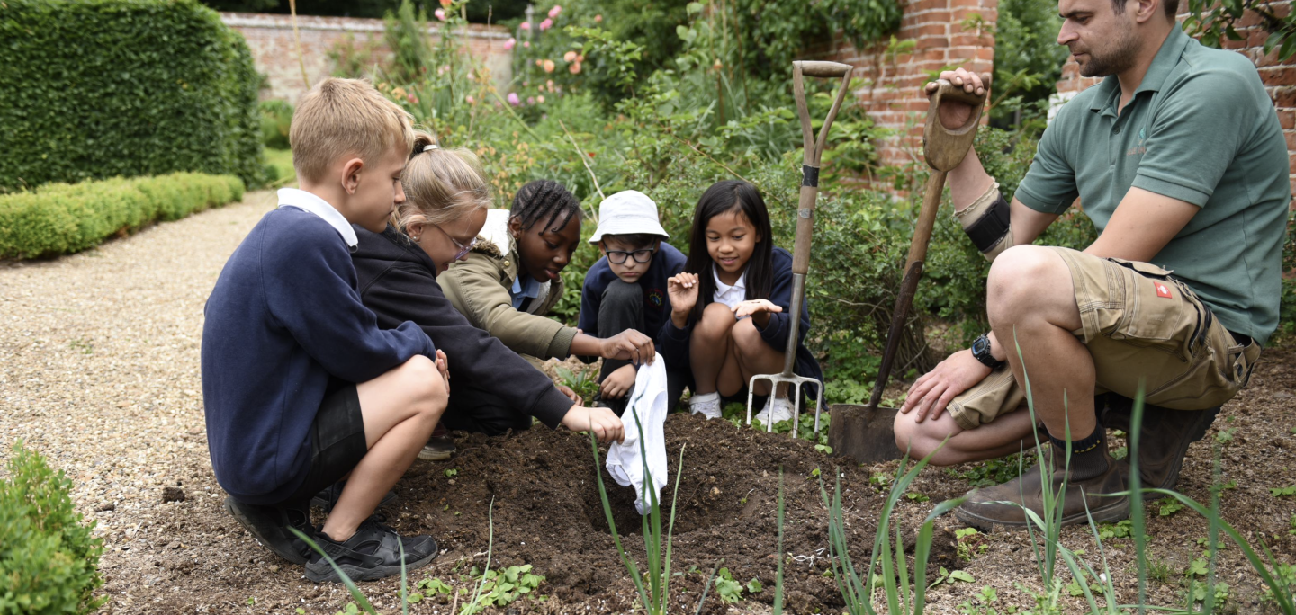 children planting pants in the soil