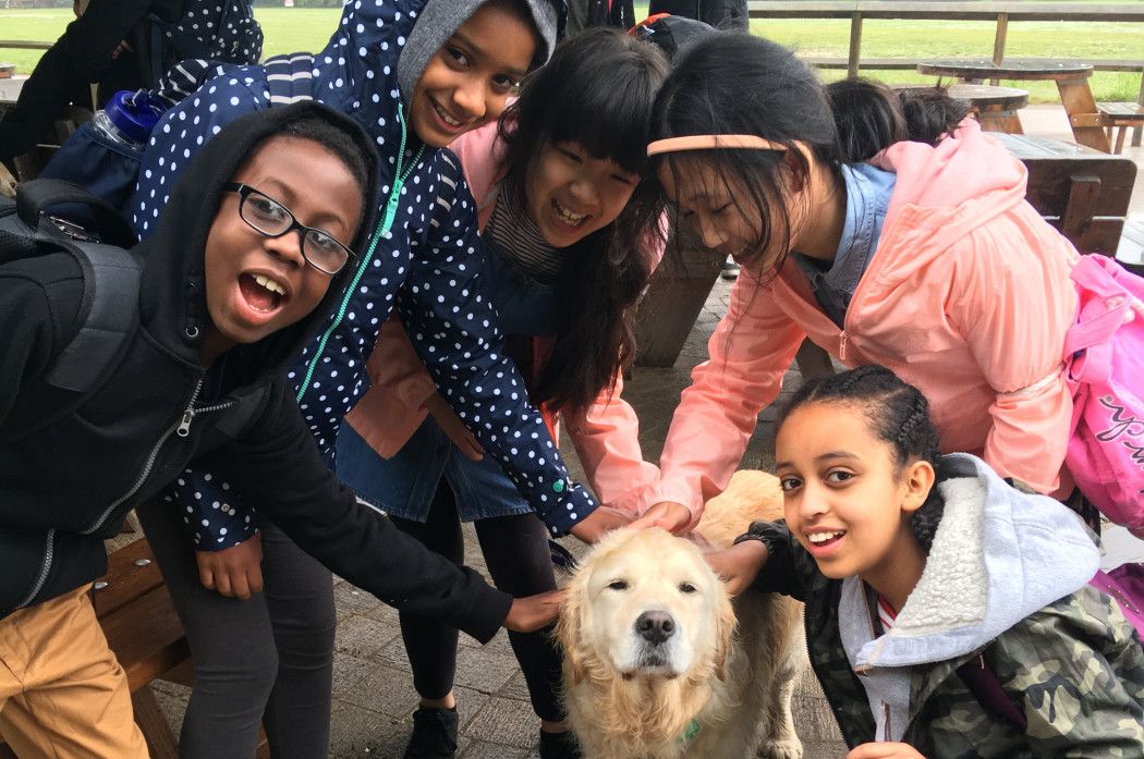 Children and a dog